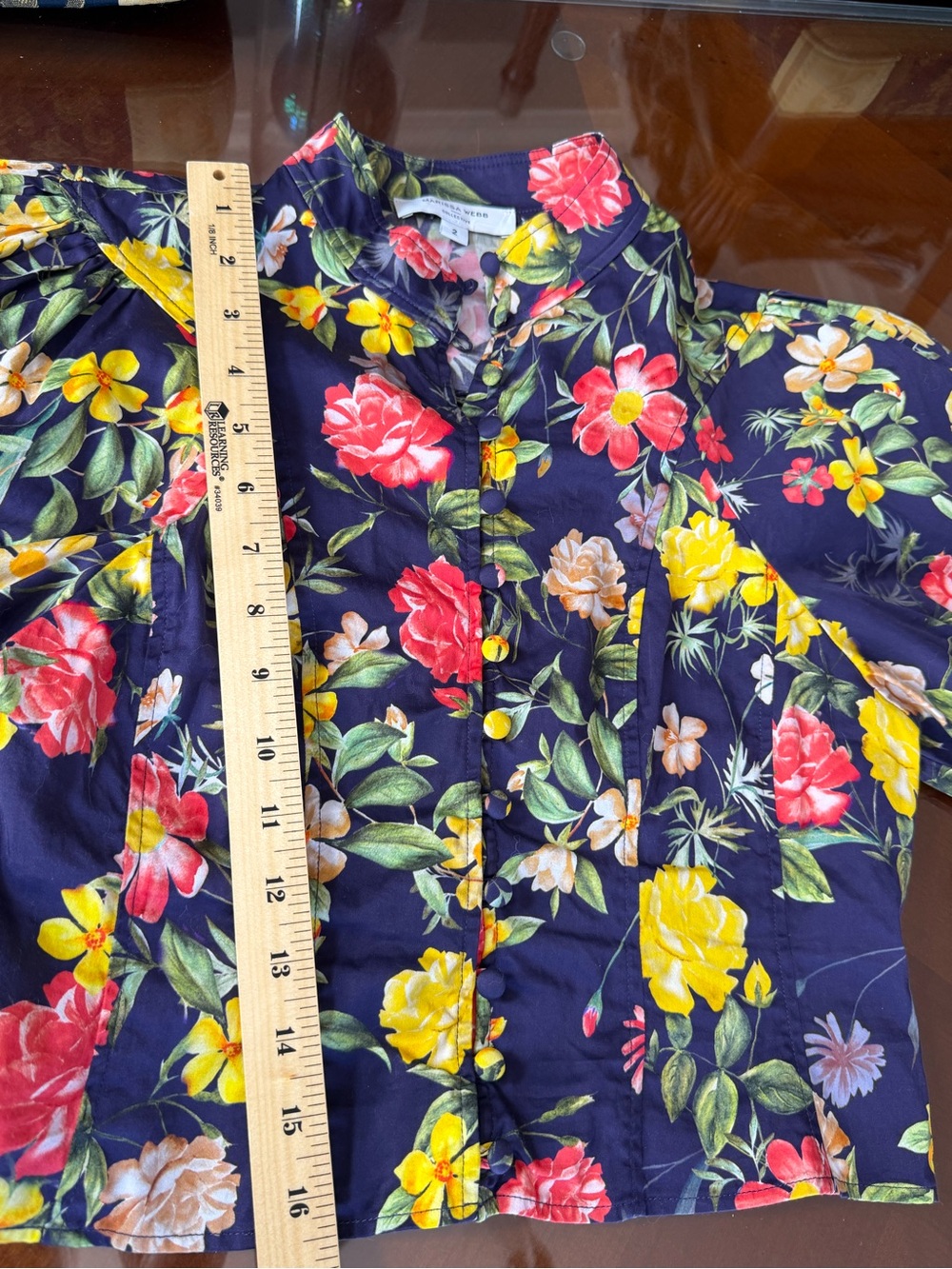 Marissa Webb Navy Floral Button-Front Blouse with Mandarin Collar - Picture 7 of 9
